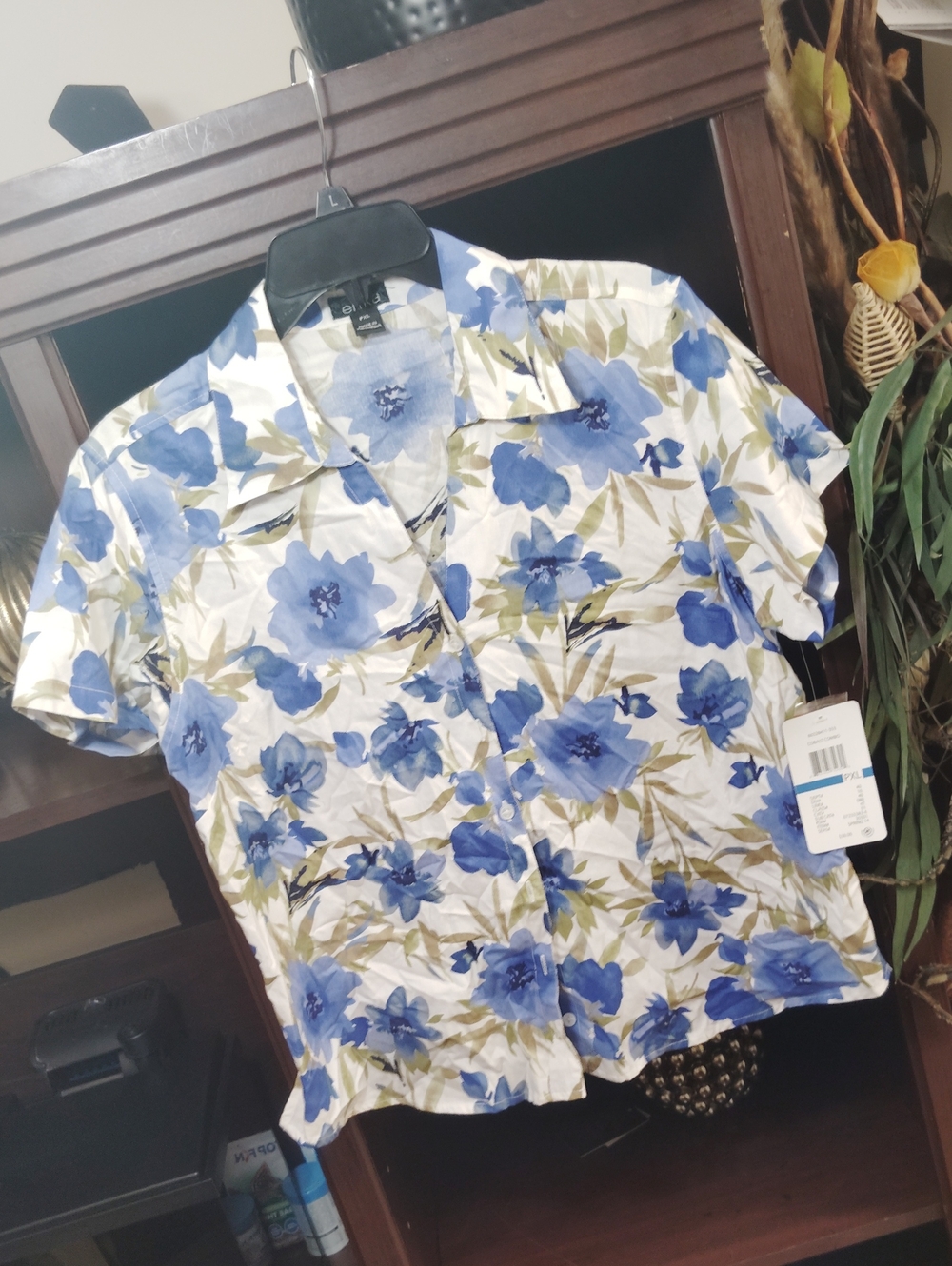 Erika White Button-Down Shirt with Blue Floral Print